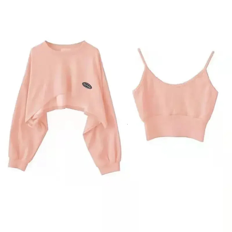 Womens Fashion Asymmetrical Cropped Camis Sweatshirt 2 Piece Casual Solid Long Sleeve Female Pullovers Chic Tops 240318