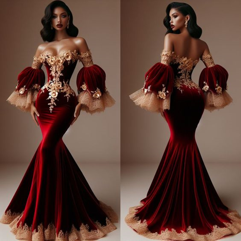 Sexy Fitted Burgundy Mermaid Prom Dresses Off The Shoulder Flare Long Sleeves Formal Evening Gowns For Women Gorgeous Champagne 3D Floral Appliques Re
