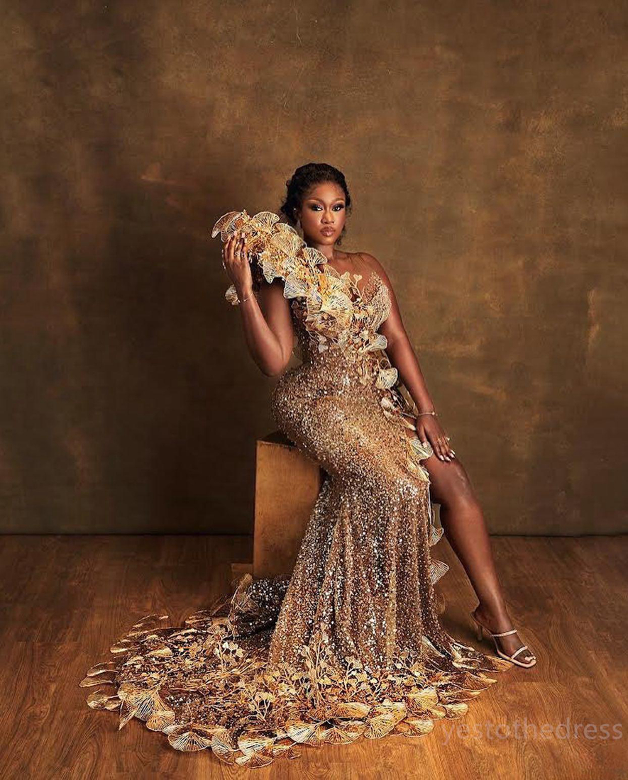2024 Gold Plus Size Aso Ebi Prom Dresses For Black Women Evening Gowns Sequined Lace Mermaid Sexy Side Split Birthday Party Dress Reception Engagement