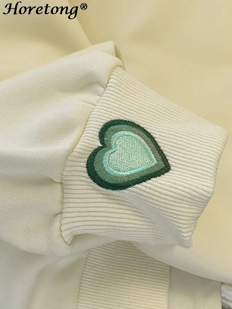 Horetong Hooded Casual Sweatshirt For Women Korean Autumn Winter Heart Embroidered Loose Hoodies Long Sleeve Pullover 240318