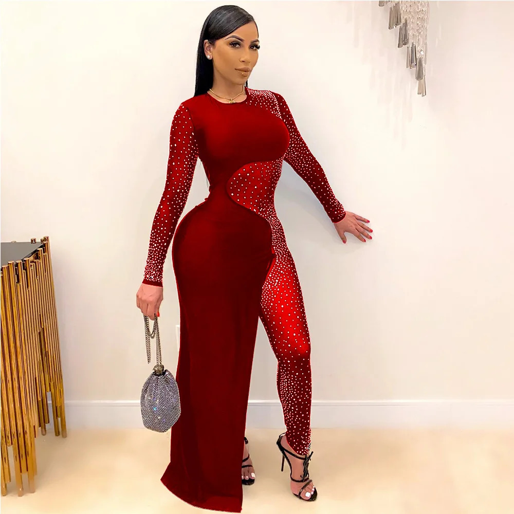 Bandage Long Sleeve Diamonds Mesh Female Clothing Streetwear Jumpsuits Sexy Outfit Night Club Party Suits Birthday For Womens 240315