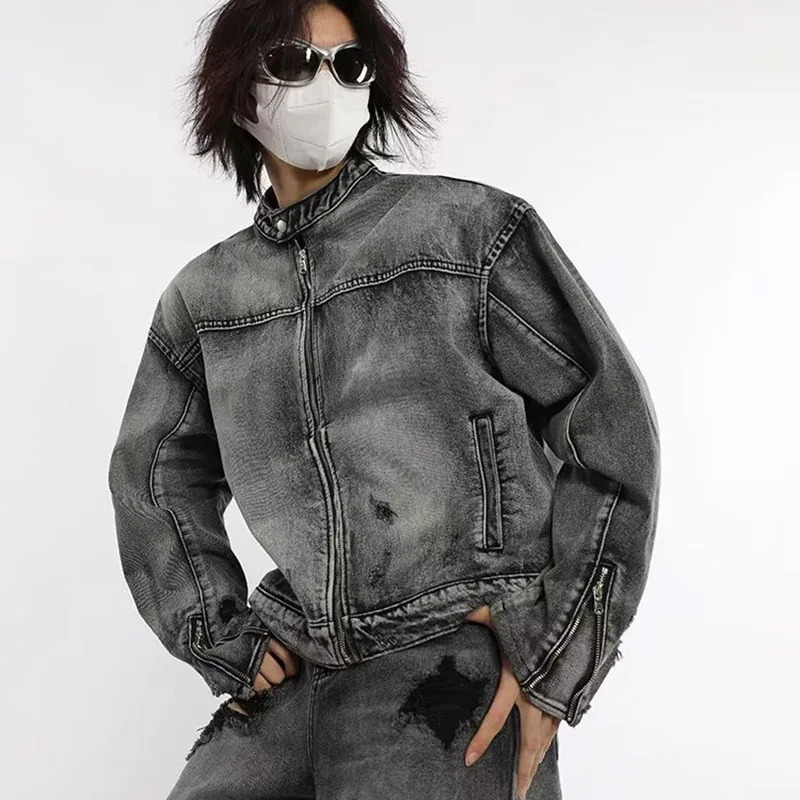 Industry Wash Denim Jackets Man Woman Hip Hop Retro Loose Short Cowboy Coats Japanese Spring Autumn Unisex Zipper Bomber Outwear 240319