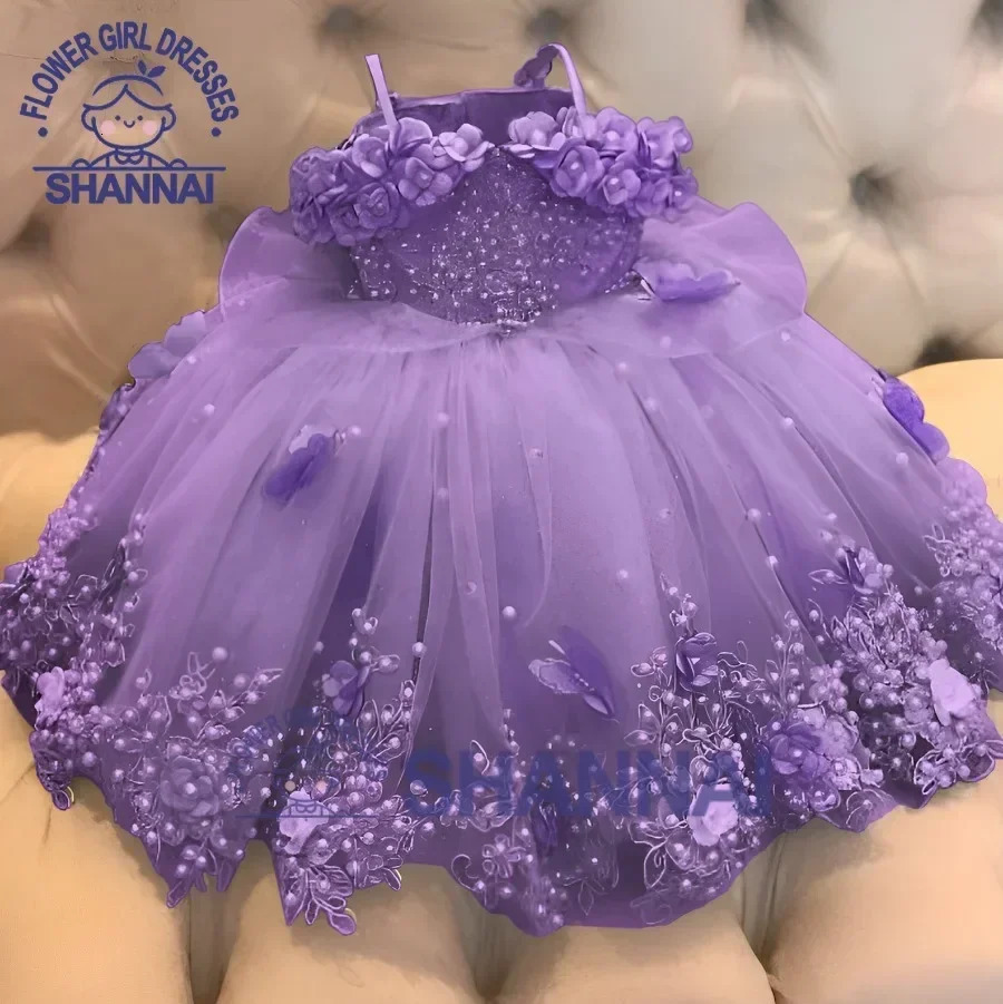 Custom Baby Girl Dress Birthday Party Off Shoulder Pearls Lace Butterflies Infant First Communion Gown Flower Dresses 240312