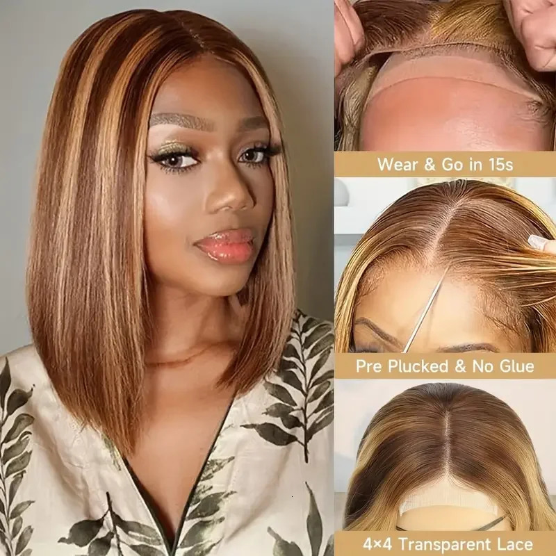 Wear And Go Glueless Wig Human Hair Ombre Highlight Bob Wig Human Hair For Women 4x4 Straight Lace Closure Wigs Human Hair 240314