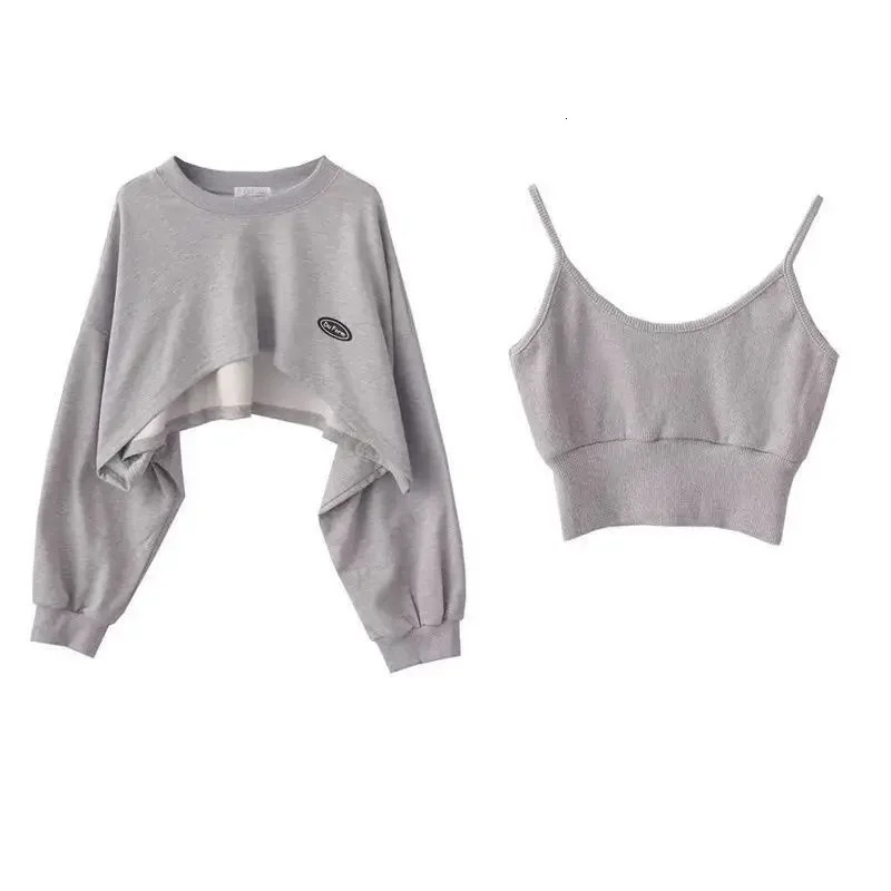 Womens Fashion Asymmetrical Cropped Camis Sweatshirt 2 Piece Casual Solid Long Sleeve Female Pullovers Chic Tops 240318