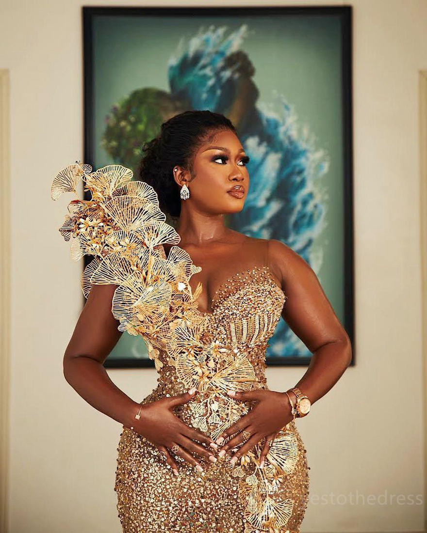 2024 Gold Plus Size Aso Ebi Prom Dresses For Black Women Evening Gowns Sequined Lace Mermaid Sexy Side Split Birthday Party Dress Reception Engagement