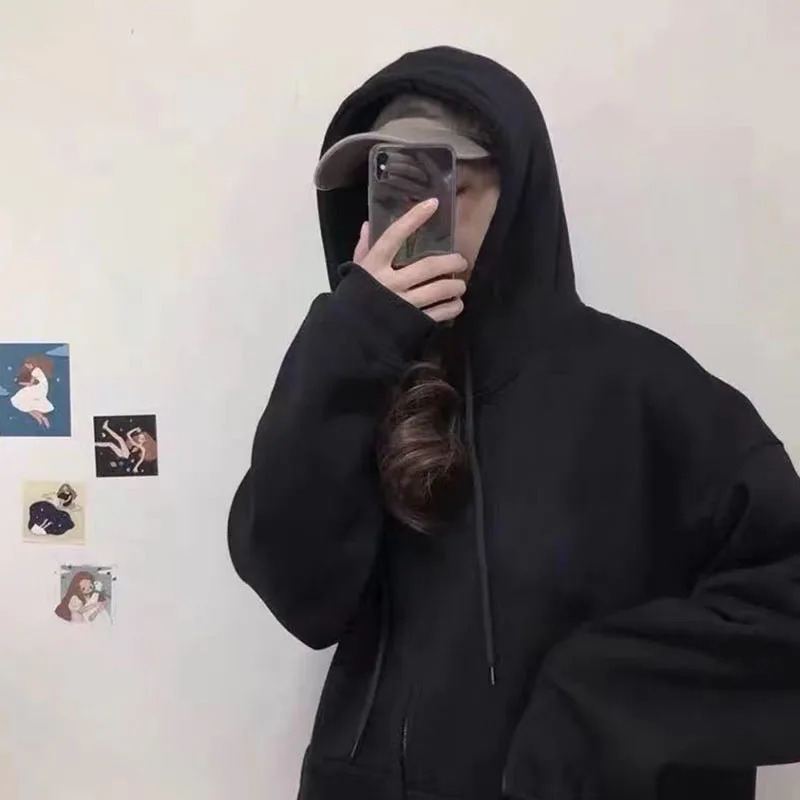 Xpqbb Black Gray ZipUp Hoodies Women Autumn Winter Oversized Casual Hooded Sweatshirt Female Thicken Fleece Warm Loose Coats 240318