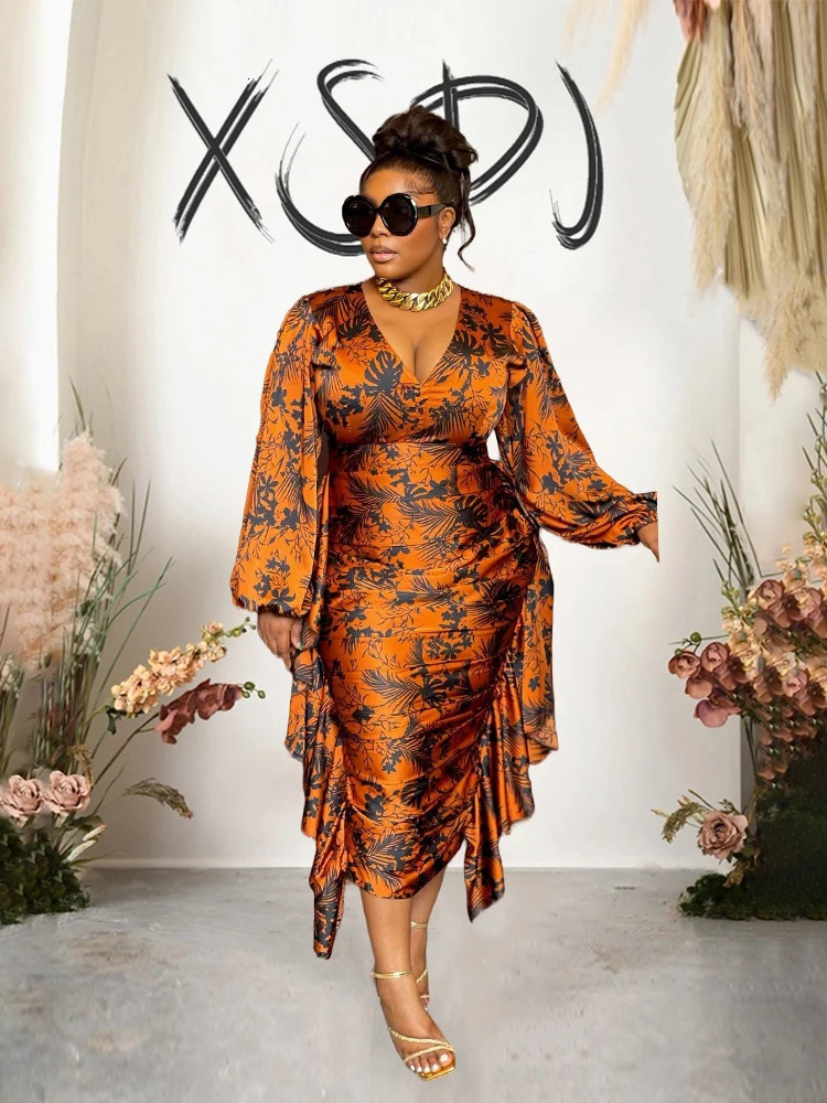 Elegant and Beautiful Womens Dresses Long Sleeved Ruffle Drape Dress V Neck Sexy Curvy Dresses Plus Size Wholesale Drop 240318