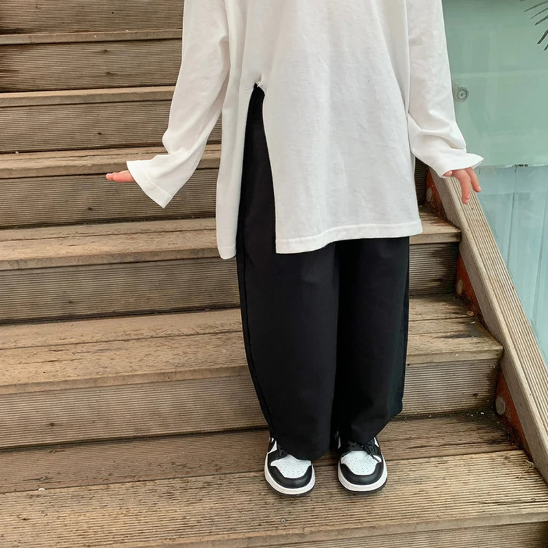 Spring And Summer Girls Loose HipHop Trousers Black Pocket Baby Kids Casual Pants ChildrenS Clothing For 240323