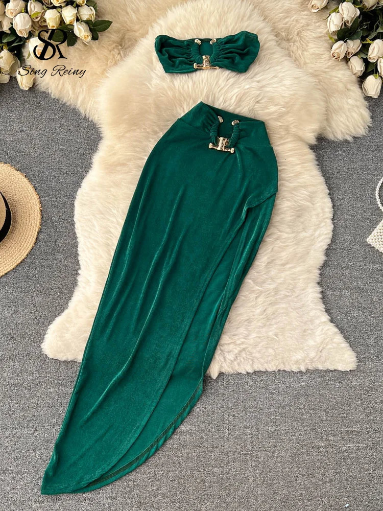 SINGREINY Irregular Women Summer Sets 2023 Party Slim Solid Elastic Waist Split Elegant Ladies Romantic Sexy Two Piece 240315