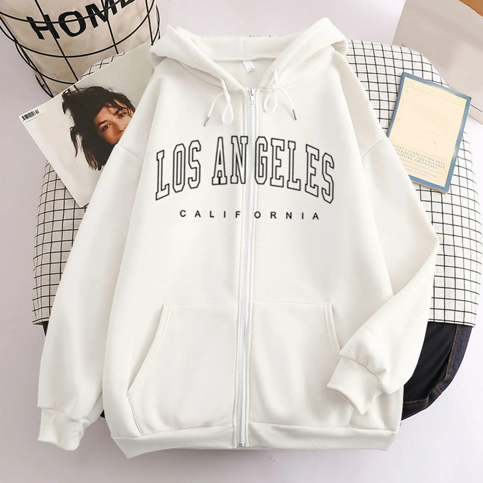 Los Angeles Letter Print Zip up Harajuku Hoodies Jacket Women Casual Oversized Sweatshirt Female Streetwear Pockets Hooded Coats 240318