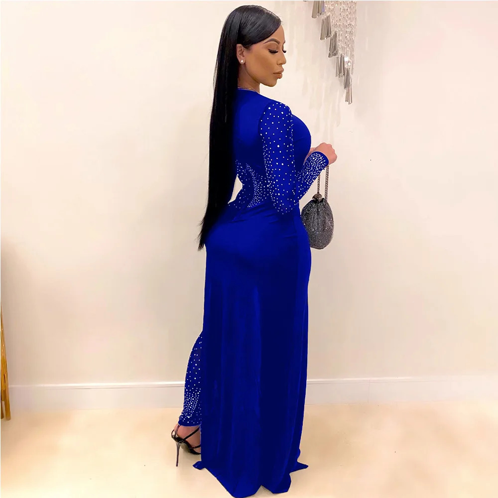 Bandage Long Sleeve Diamonds Mesh Female Clothing Streetwear Jumpsuits Sexy Outfit Night Club Party Suits Birthday For Womens 240315