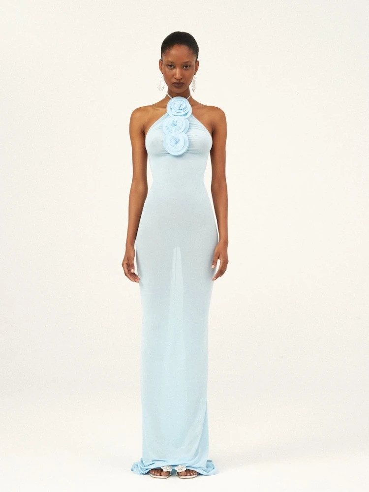 Sexy Halter Neck 3D Flower Bodycon Long Dres Light Blue Sleeveless Laceup Floor Length Dress Evening Party Club Dresses 240312