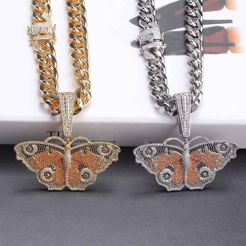 Hip Hop Colorfull Solid Butterfly Pendant Necklace 18K Real Gold Plated 5A Zircon Women Men Large Buttonhead Jewelry