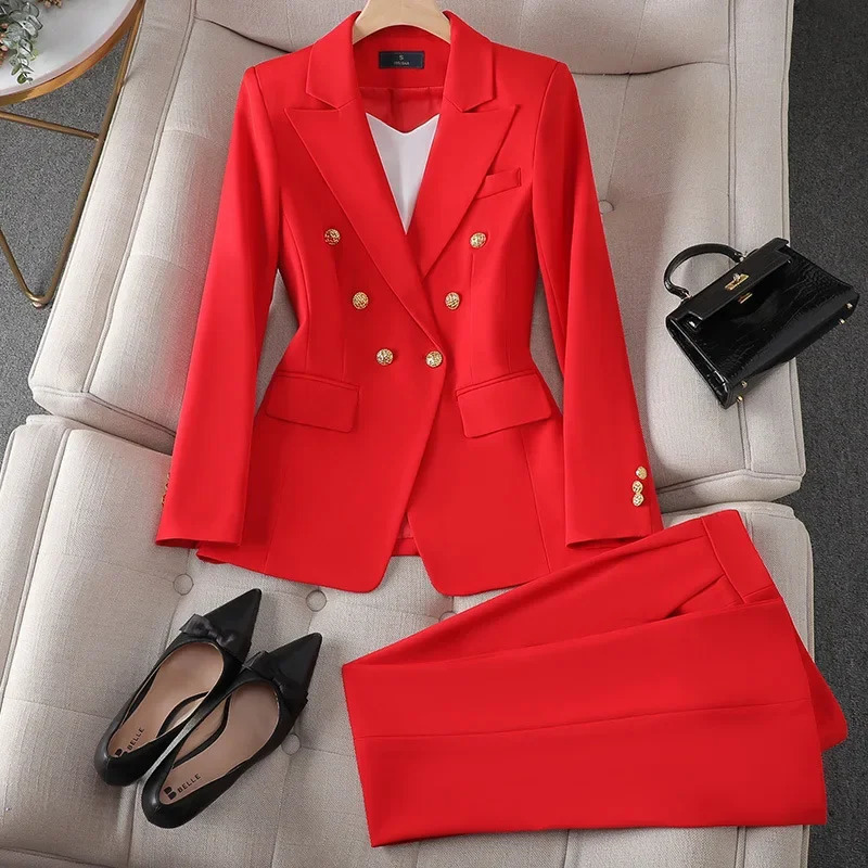 Female Uniform Business Suits with Straight Trouser Elegant Office Blazer Set for Women Work Wear Pants Suite Black White Red 240319