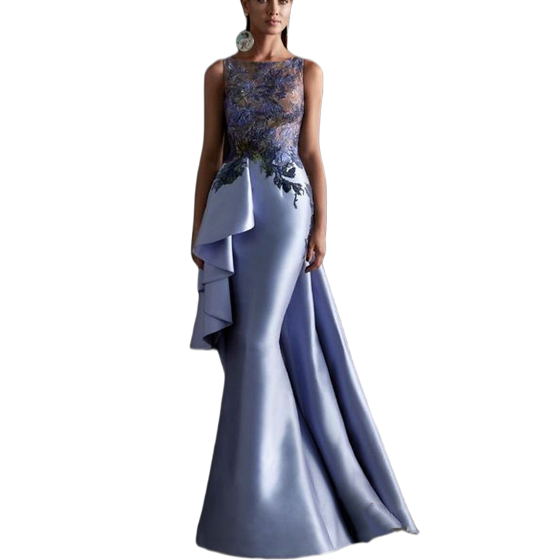 Elegant Lavender Mermaid Evening Dresses With Peplum Skirt Lace Appliques Crew Neck Sleeveless Long Mother Of The Bride Dress Formal Party Prom Wear