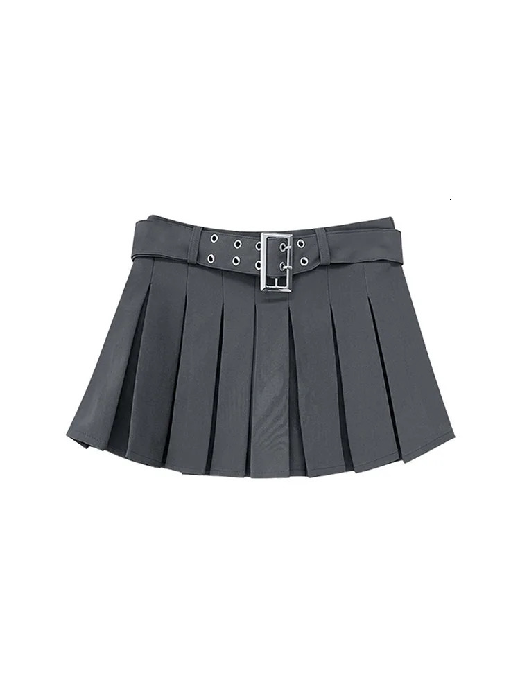 Woman Gyaru Skirt Kpop Mini Aesthetics Pleated Allmatch Aline Preppy Style With Belt Solid Color Casual Knit Cotto 240321