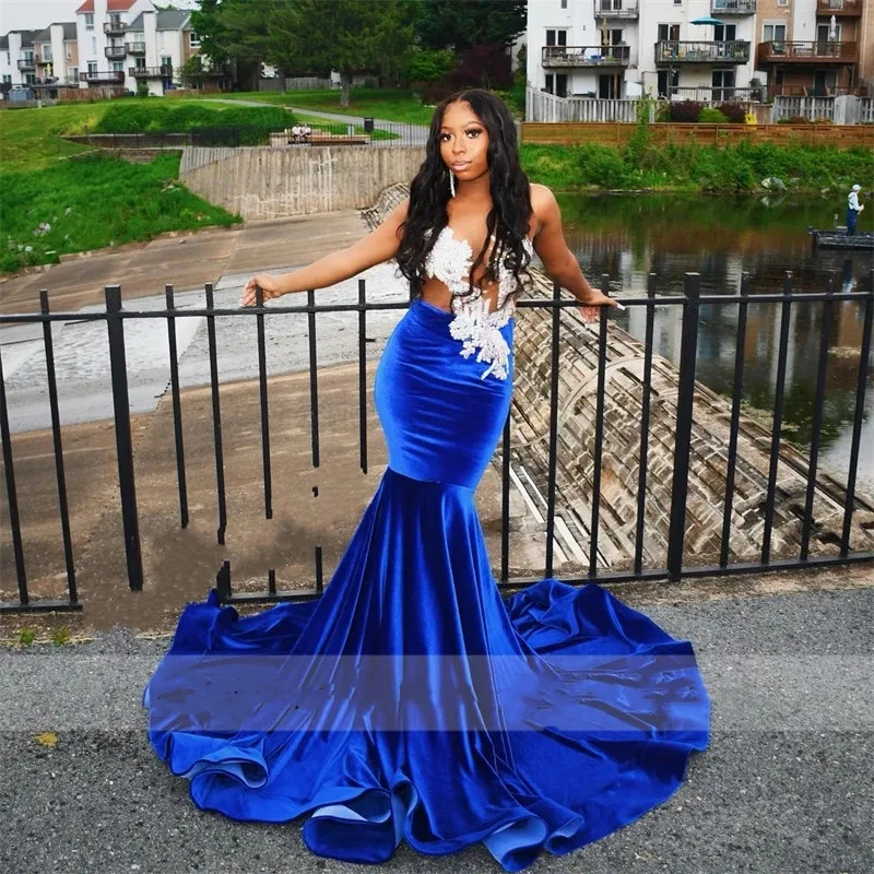 Sexy Royal Blue Mermaid Prom Veet Sheer Neck Beads Crystal Aso Ebi Graduation Party Dress Formal Gowns Robe De Bal