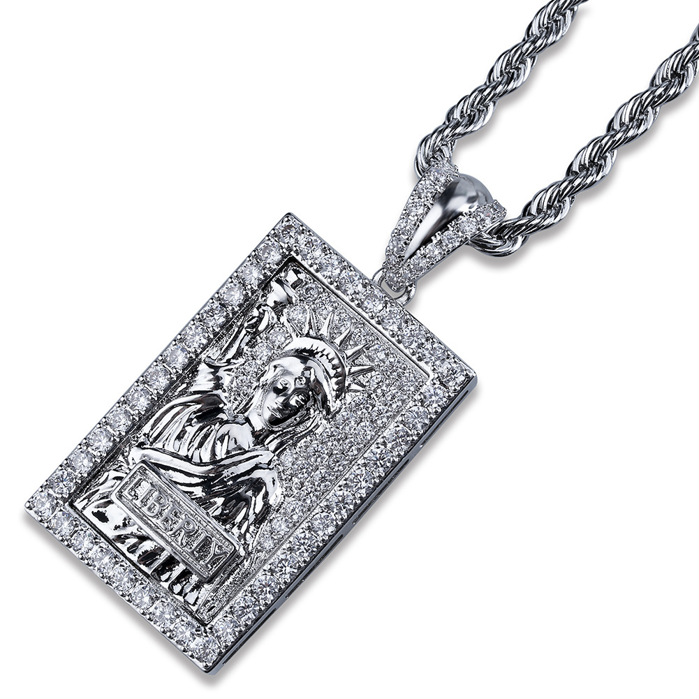 Hip Hop Vintage Lady Liberty Pendant Necklace Full 5A Zircon 18k Real Gold Plated Women Men Jewelry Gift