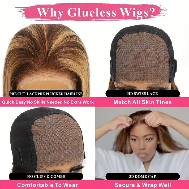 Wear And Go Glueless Wig Human Hair Ombre Highlight Bob Wig Human Hair For Women 4x4 Straight Lace Closure Wigs Human Hair 240314