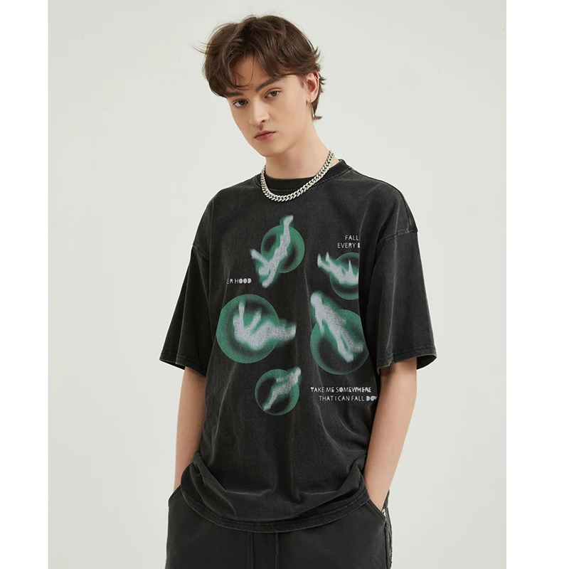 Hip Hop Streetwear Men T-Shirt Oversized Green Graphic T Shirt Retro Vintage Washed Black Tshirt Unisex Tops Tees Cotton 240315