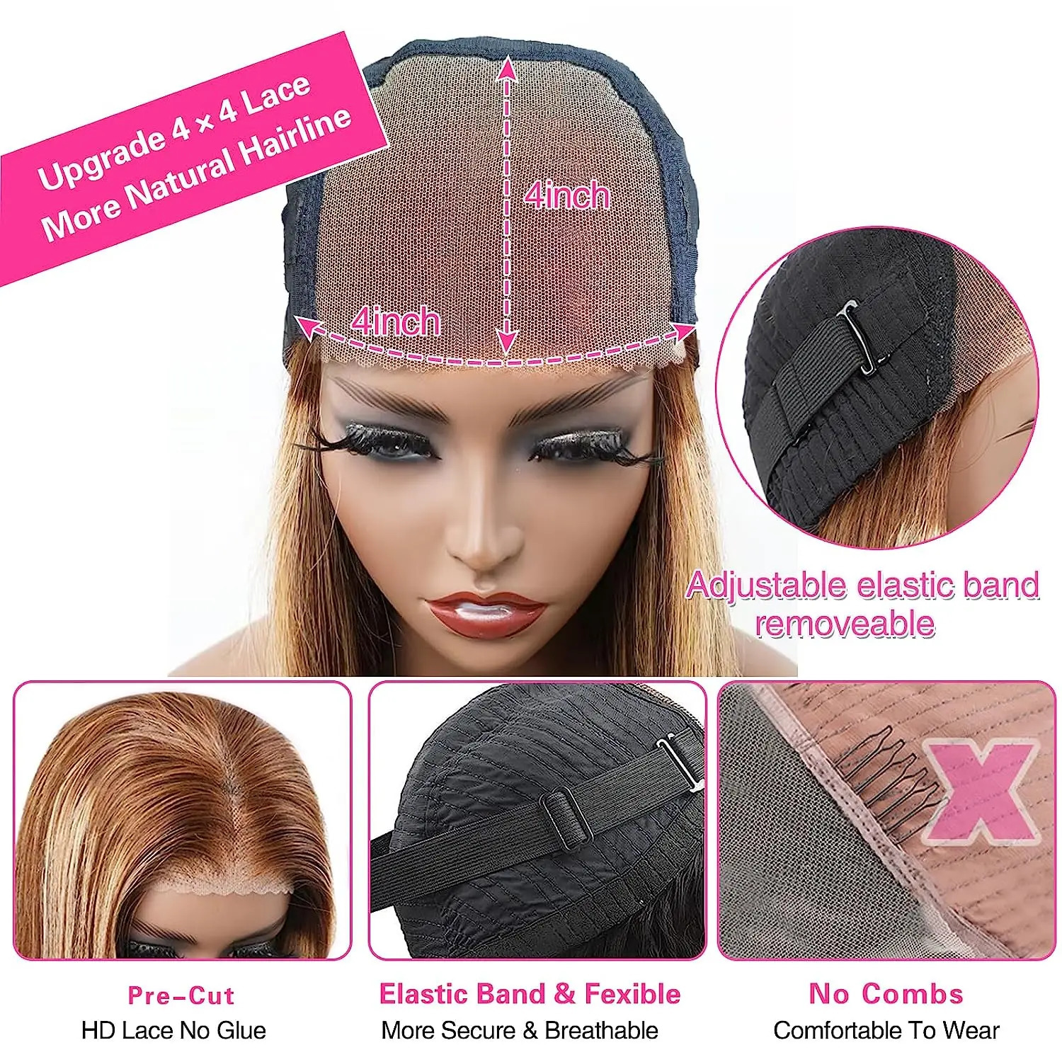 Wear And Go Glueless Wig Human Hair Ombre Highlight Bob Wig Human Hair For Women 4x4 Straight Lace Closure Wigs Human Hair 240314