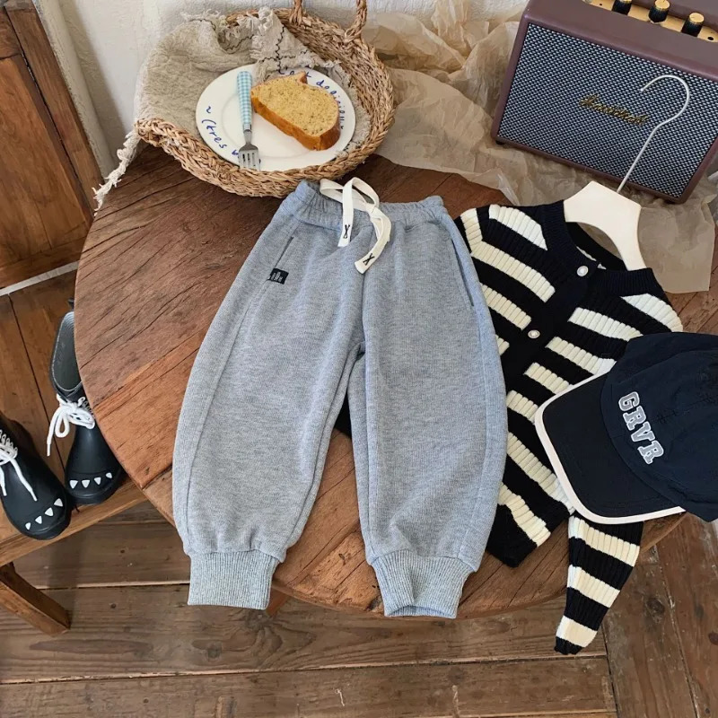 Spring Autumn Kids Girl Boy Casual Versatile Pants Solid Elastic Waist Jogger Children Sweat E4327 240315