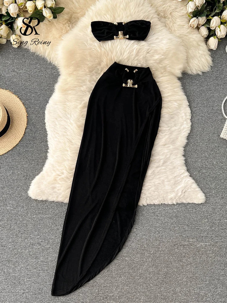 SINGREINY Irregular Women Summer Sets 2023 Party Slim Solid Elastic Waist Split Elegant Ladies Romantic Sexy Two Piece 240315