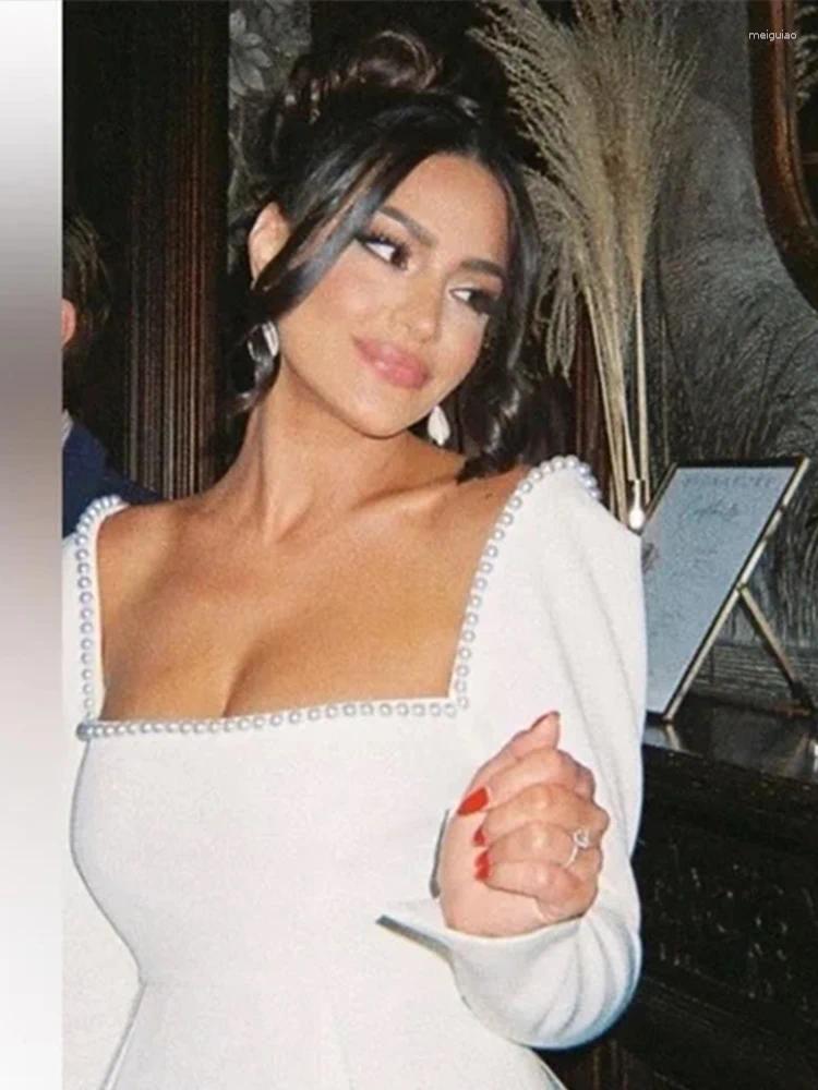 Casual Dresses Elegant Pearl Women Dress Long Sleeve Square Neck Slim Mini 2024 Spring Summer Fashion Party Lady Club A-line Vestidos