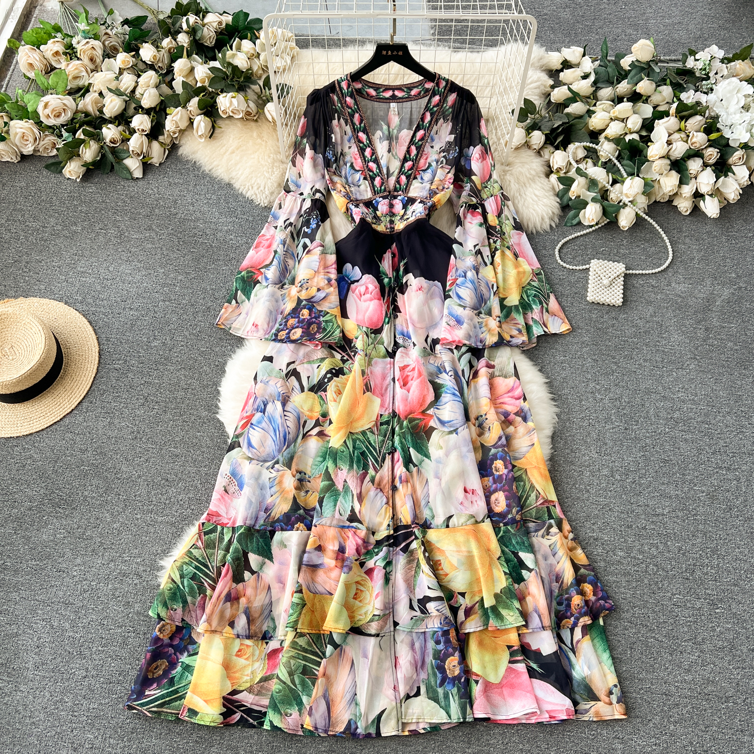 Basic Casual Dresses Summer Bohemain Gorgeous Flower Cascading Cake Dress Womens V-Neck Long Flare Sleeve Floral Print Holdiay Chiffon Vestidos 2024
