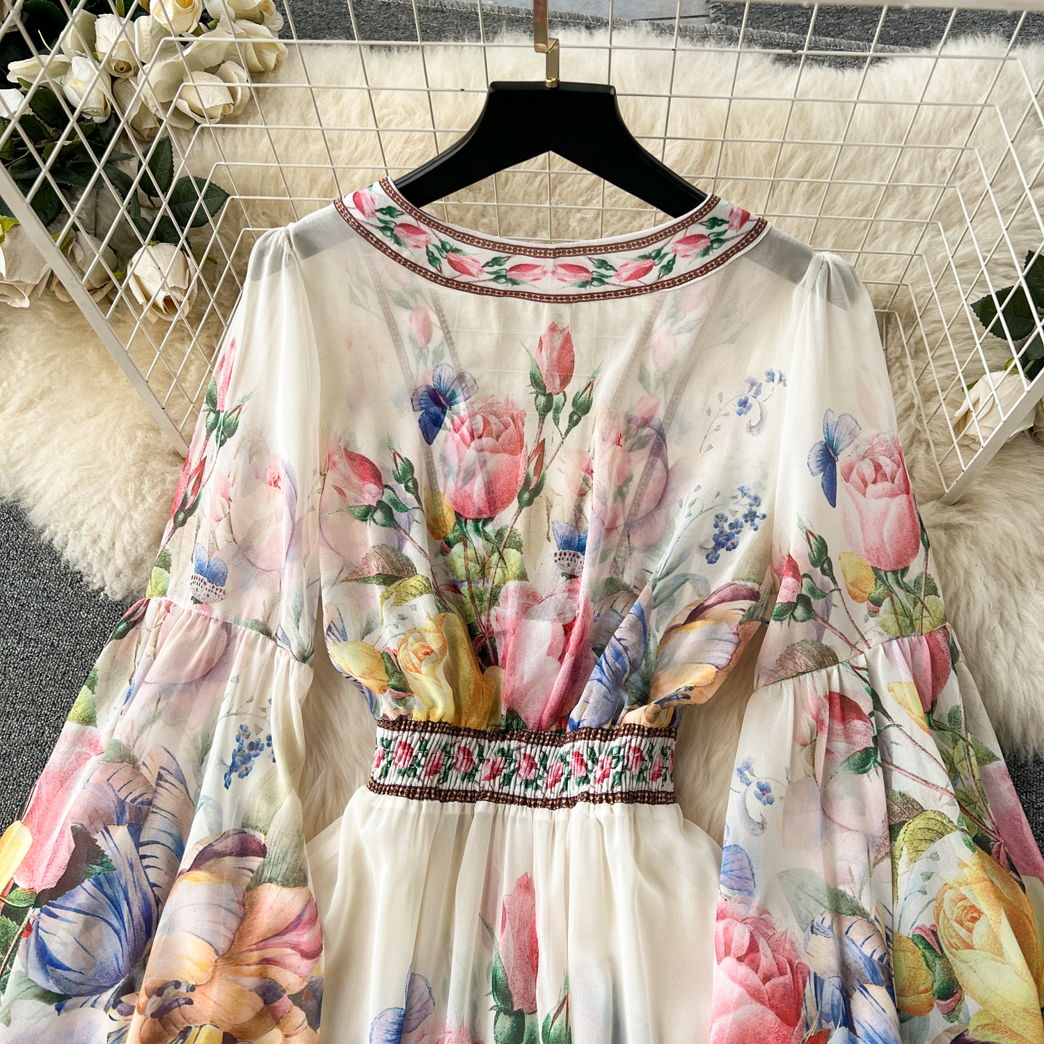Basic Casual Dresses Summer Bohemain Gorgeous Flower Cascading Cake Dress Womens V-Neck Long Flare Sleeve Floral Print Holdiay Chiffon Vestidos 2024