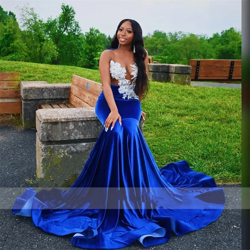 Sexy Royal Blue Mermaid Prom Veet Sheer Neck Beads Crystal Aso Ebi Graduation Party Dress Formal Gowns Robe De Bal