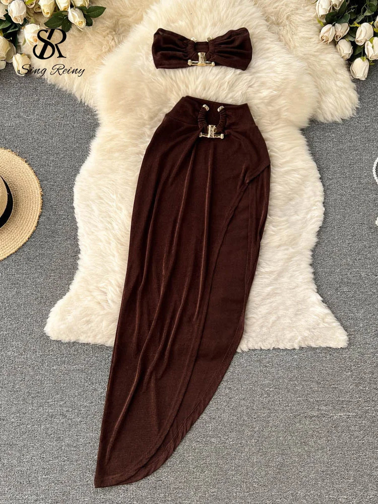 SINGREINY Irregular Women Summer Sets 2023 Party Slim Solid Elastic Waist Split Elegant Ladies Romantic Sexy Two Piece 240315