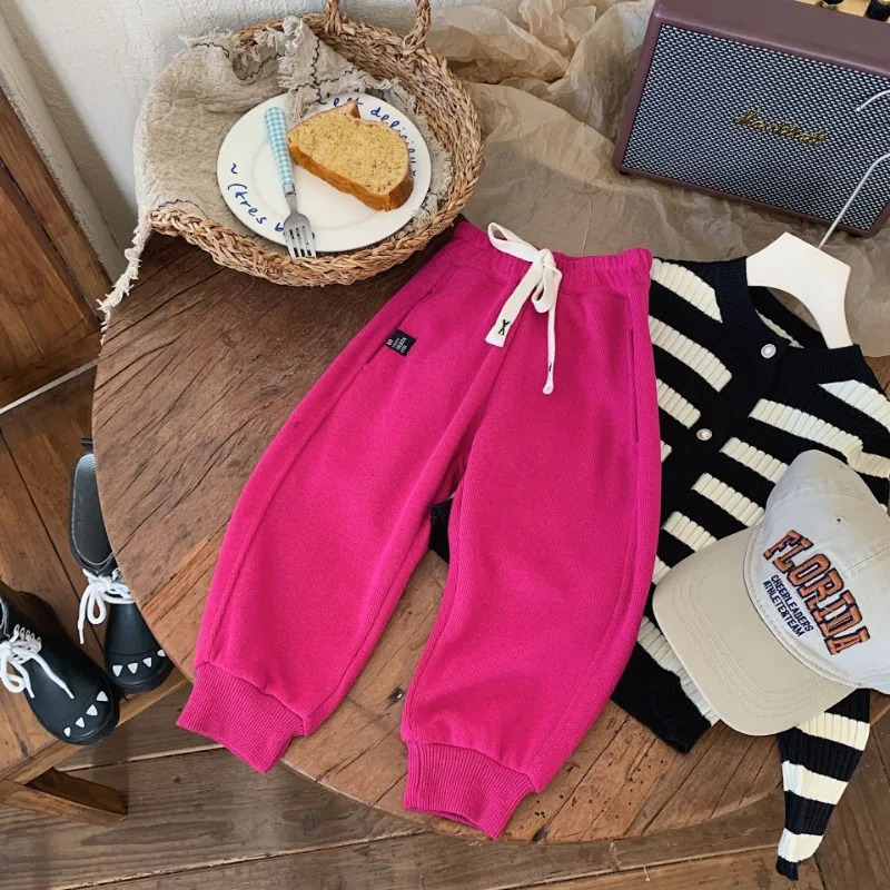 Spring Autumn Kids Girl Boy Casual Versatile Pants Solid Elastic Waist Jogger Children Sweat E4327 240315