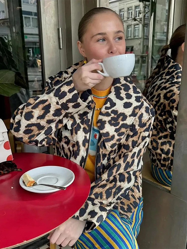 Y2k Leopard Crop Jacket Women Fashion Street Long Sleeve Loose Female Coat Spring Zipper Lapel Moto Biker Lady Outwear 240315