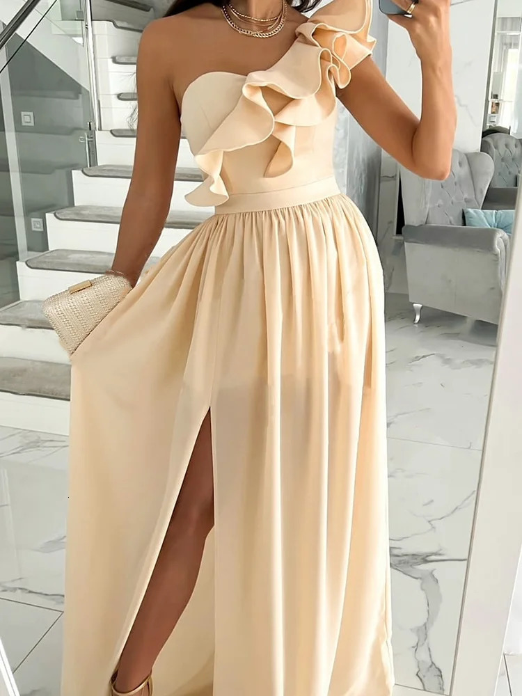 Midi Dresses Elegant Womens Long Dress Summer Sexy Sleeveless Ruffle Hem Split Party Dress S-XXL Womens Chiffon Short 240319