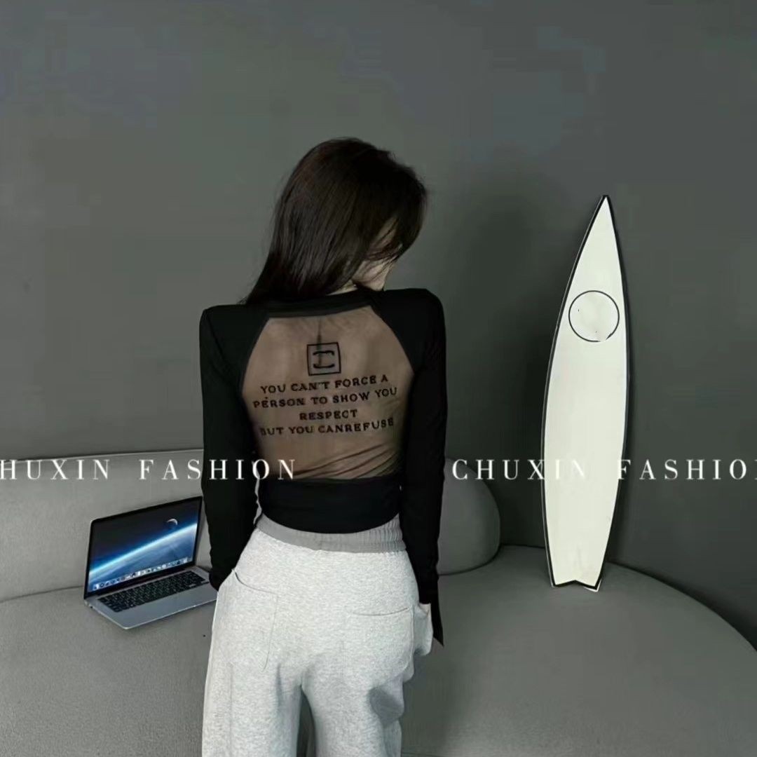 Womens oneck long sleeve sexy back gauze patched perspective letter print short tshirts