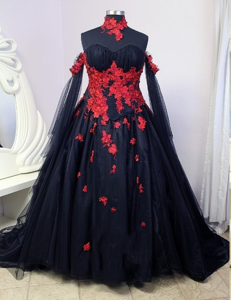 Vintage Black Gothic Wedding Dresses With Red Lace Appliques Sweetheart Neck Corset Lace-Up Back Plus Size Wedding Gown Off Shoulder Long Sleeves A Li