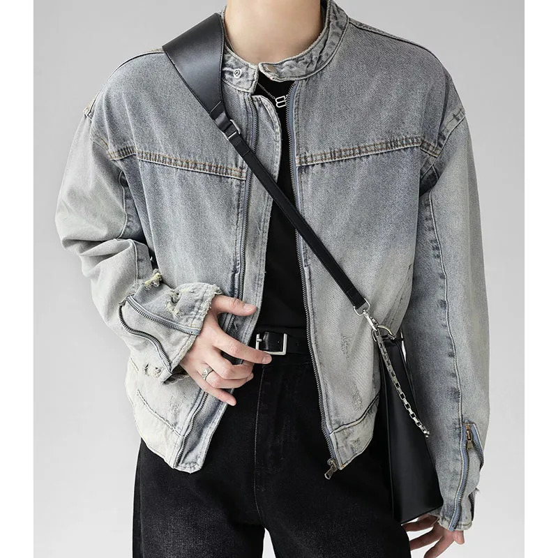 Industry Wash Denim Jackets Man Woman Hip Hop Retro Loose Short Cowboy Coats Japanese Spring Autumn Unisex Zipper Bomber Outwear 240319