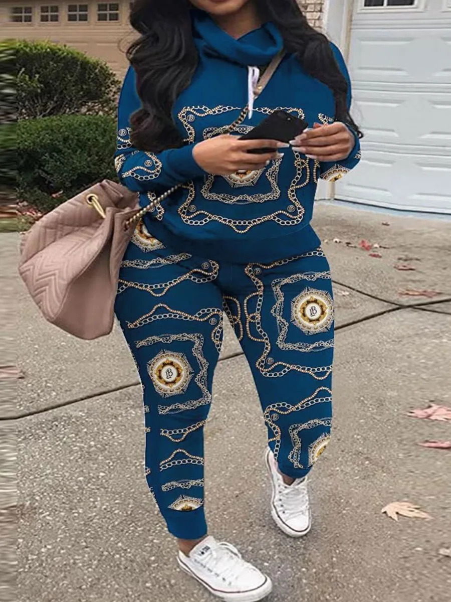 LW Plus Size Womens Tracksuit Chain Print Drawstring Pants Set Female Autumn Sport Pants for Women Two Piece Pants Sets 240309