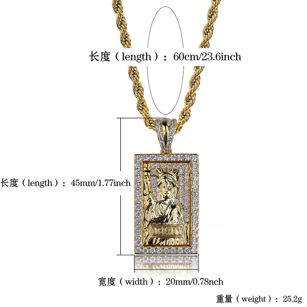 Hip Hop Vintage Lady Liberty Pendant Necklace Full 5A Zircon 18k Real Gold Plated Women Men Jewelry Gift