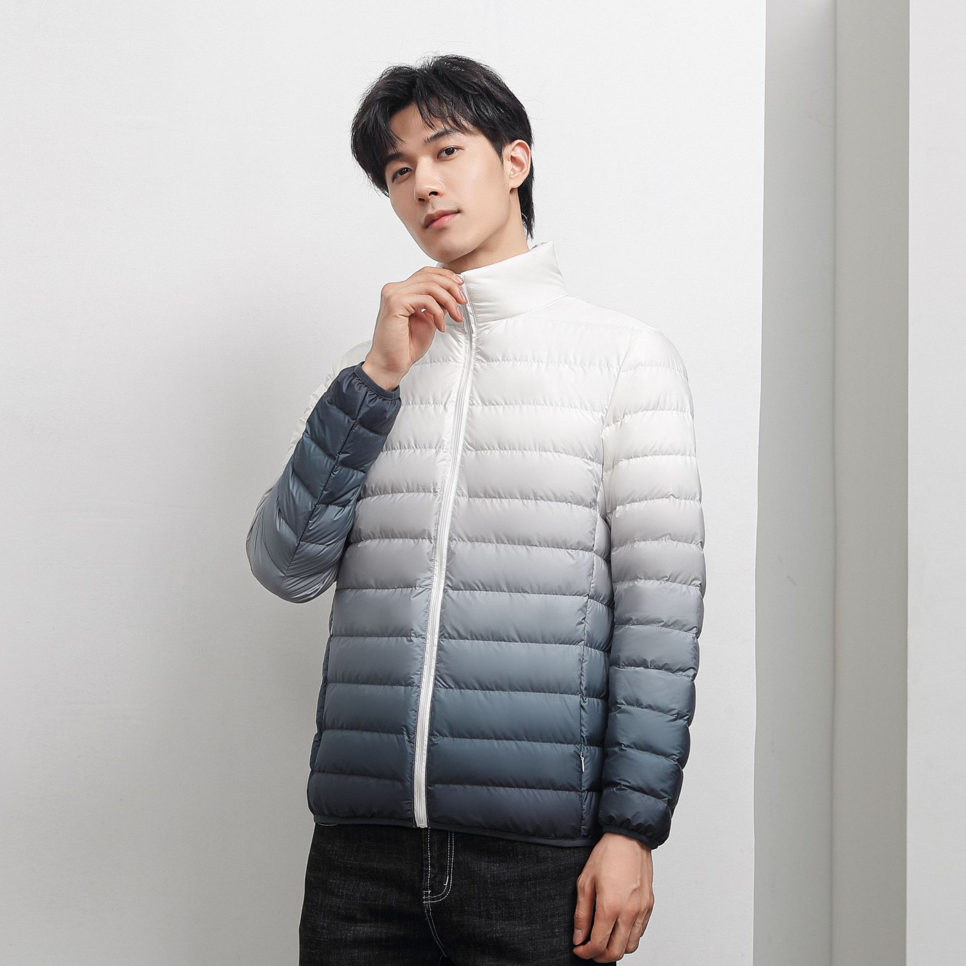 2023 Autumn Winter Men's White Duck Down Parkas Jackets Zipper Hooded Striped Man's Slim Short Coats GS003