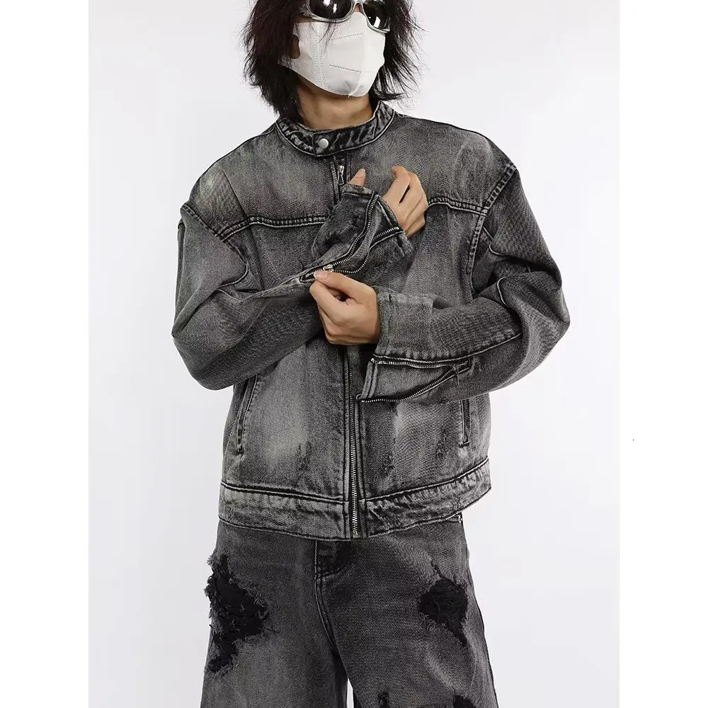 Industry Wash Denim Jackets Man Woman Hip Hop Retro Loose Short Cowboy Coats Japanese Spring Autumn Unisex Zipper Bomber Outwear 240319