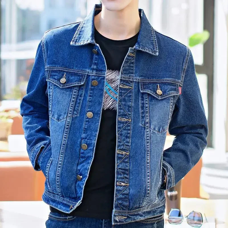 Mens Denim Jacket Short Casual Slim Black Male Jean Coats Button in High Quality Trendy Price Stylish Low Cost Size L 240319