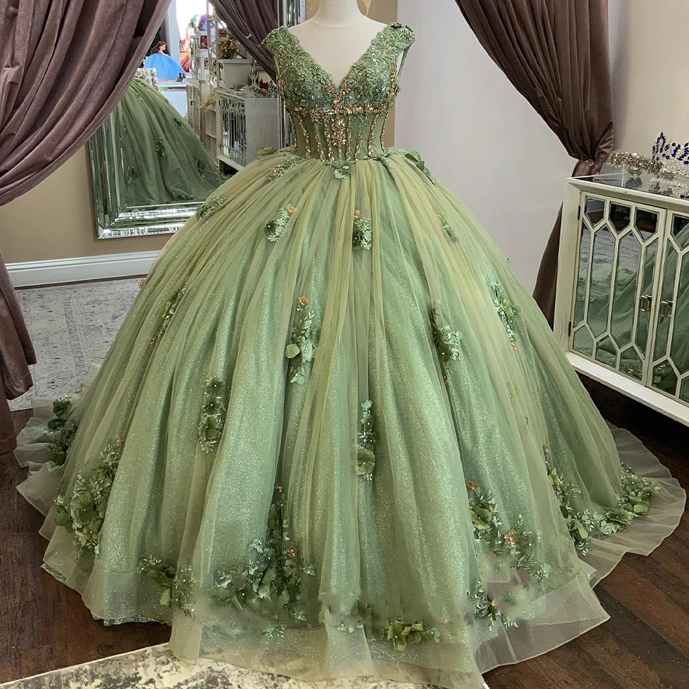 2024 Sage Ball Gown Princess Quinceanera Dresses Crystals Beaded 3D Floral Appliques Floor Length Sweet 15 Dress V-Neck Tank Sleeveless Lace-Up Corset