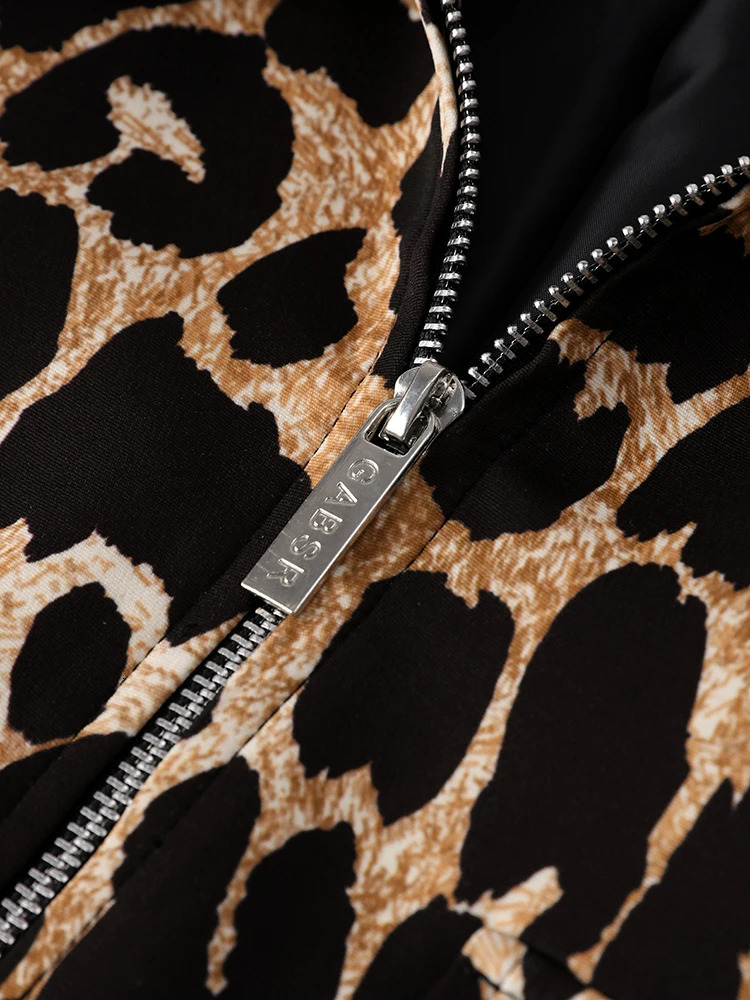 Y2k Leopard Crop Jacket Women Fashion Street Long Sleeve Loose Female Coat Spring Zipper Lapel Moto Biker Lady Outwear 240315