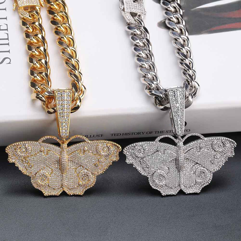 Hip Hop Colorfull Solid Butterfly Pendant Necklace 18K Real Gold Plated 5A Zircon Women Men Large Buttonhead Jewelry