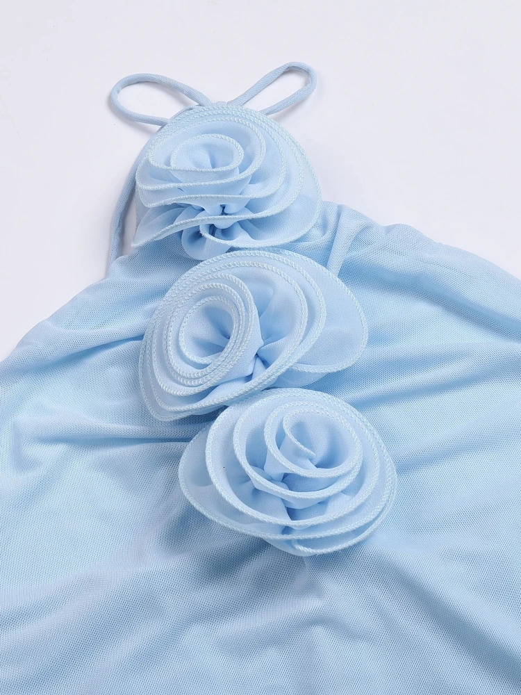 Sexy Halter Neck 3D Flower Bodycon Long Dres Light Blue Sleeveless Laceup Floor Length Dress Evening Party Club Dresses 240312