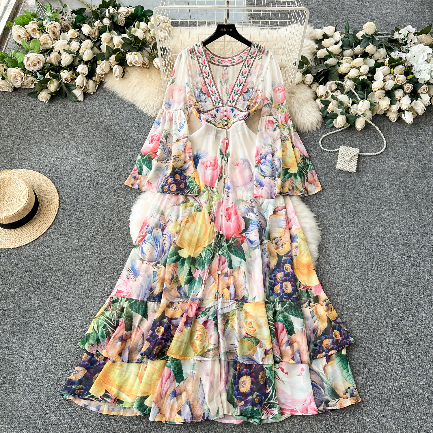 Basic Casual Dresses Summer Bohemain Gorgeous Flower Cascading Cake Dress Womens V-Neck Long Flare Sleeve Floral Print Holdiay Chiffon Vestidos 2024