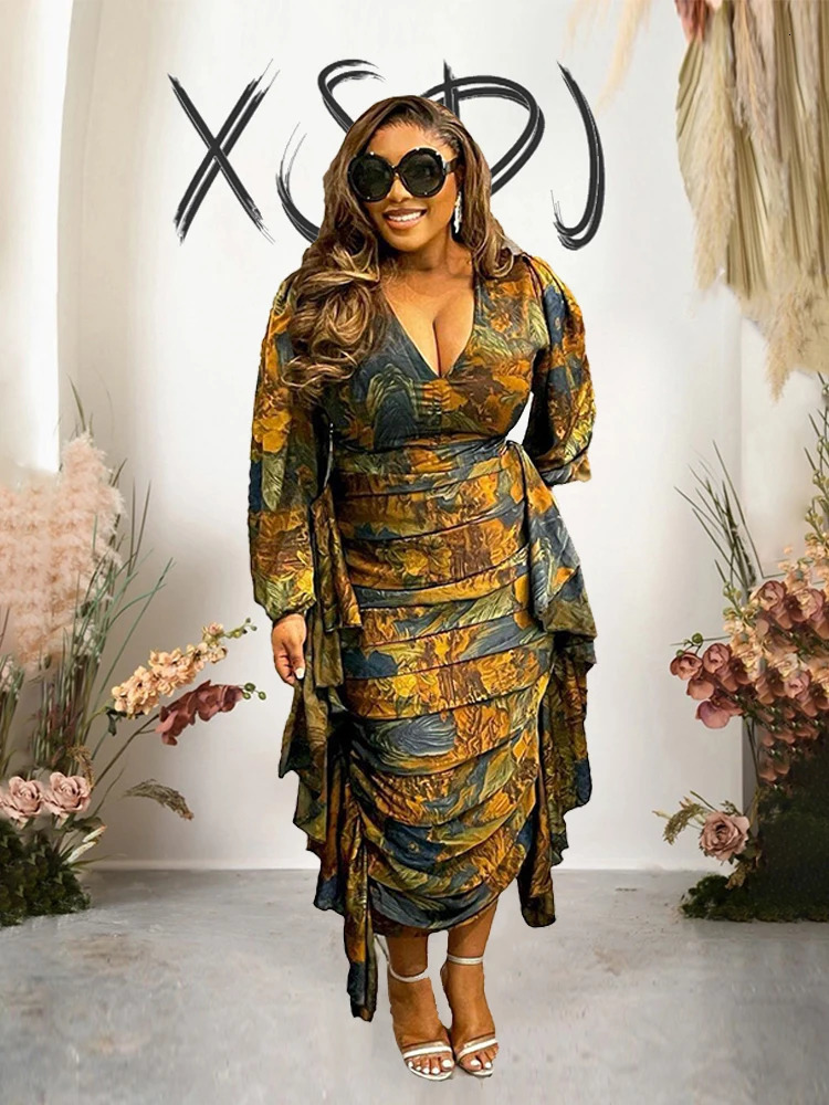 Elegant and Beautiful Womens Dresses Long Sleeved Ruffle Drape Dress V Neck Sexy Curvy Dresses Plus Size Wholesale Drop 240318